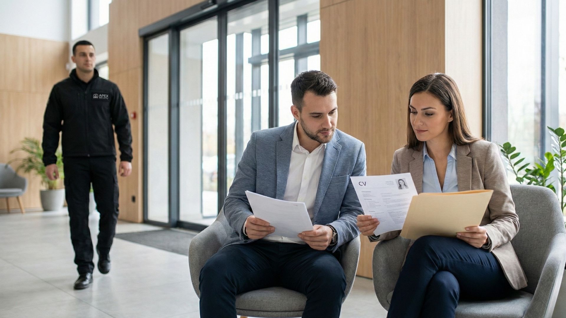 Zwei Personalverantwortliche sitzen in der Lobby und prüfen Bewerbungsunterlagen, im Hintergrund geht ein Apex Security Mitarbeiter durch die Eingangshalle.