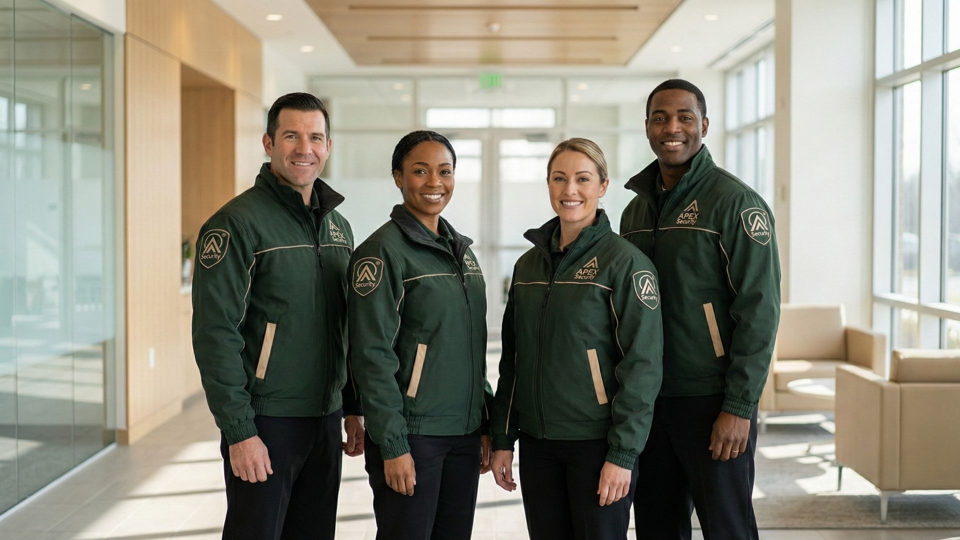 Apex Security Team aus vier Sicherheitsmitarbeitern in grünen Uniformjacken mit Logo, stehend in einem modernen, lichtdurchfluteten Firmengebäude.