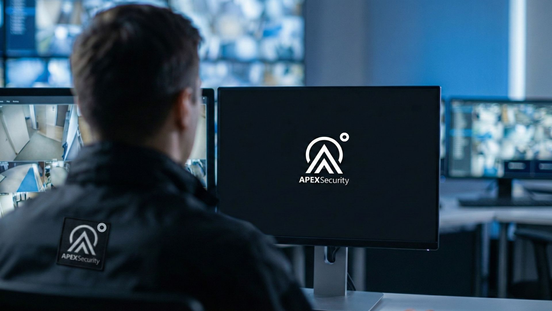 Apex Security Mitarbeiter überwacht mehrere Überwachungsmonitore in der Leitstelle, zentral auf dem Bildschirm ist das Apex Security Logo zu sehen.