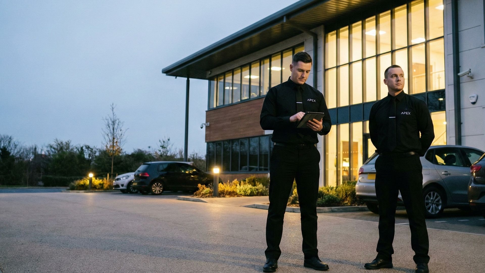 Apex Security Mitarbeiter sichern am frühen Abend den Außenbereich eines Firmengebäudes, einer arbeitet am Tablet, der andere beobachtet aufmerksam das Gelände und die parkenden Fahrzeuge.