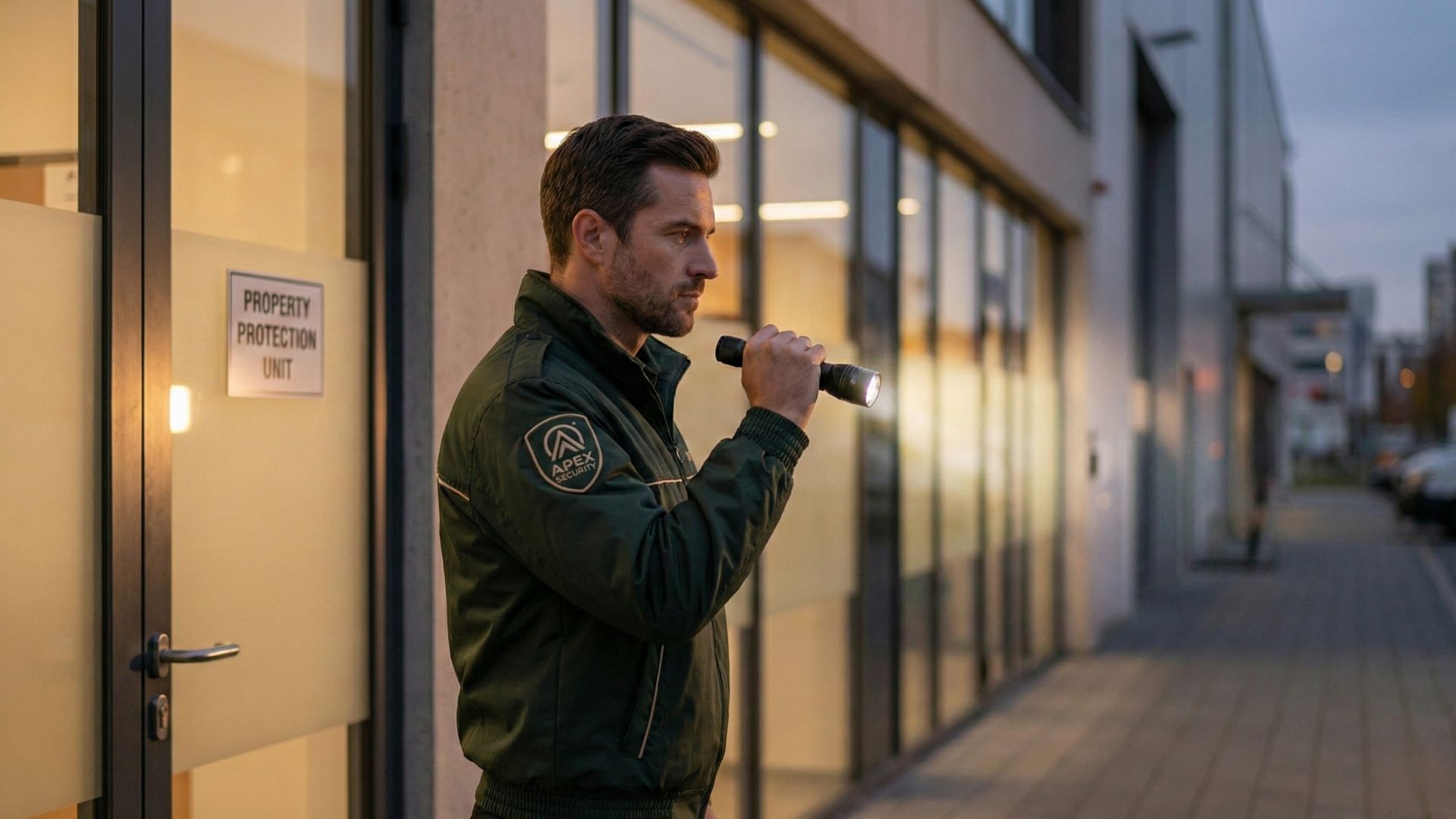 Apex Security Mitarbeiter führt in der Dämmerung eine Außenstreife vor einem Bürogebäude durch und leuchtet mit einer Taschenlampe entlang der Fassade.