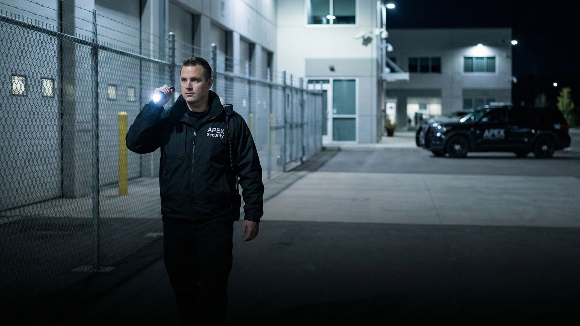 Apex Security Mitarbeiter führt nachts einen Streifendienst auf einem umzäunten Firmengelände durch und leuchtet mit einer Taschenlampe den Bereich ab, im Hintergrund stehen Einsatzfahrzeuge.