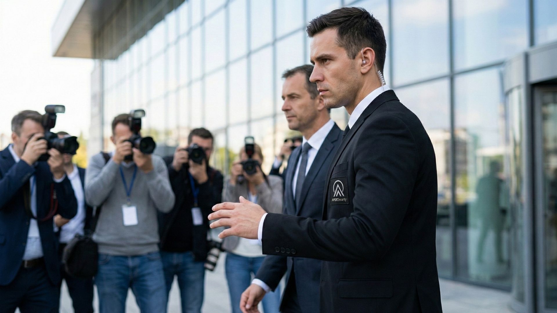 Apex Security Personenschützer begleitet einen Geschäftsmann vor einem Glasgebäude, während im Hintergrund Fotografen und Pressevertreter Fotos machen.