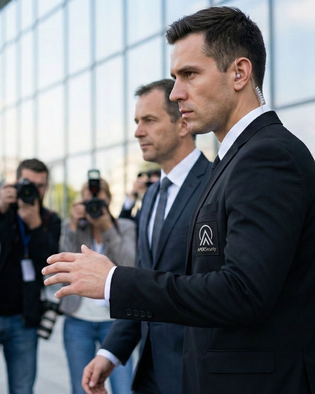 Apex Security Personenschützer begleitet einen Geschäftsmann vor einem Glasgebäude, während im Hintergrund Fotografen und Pressevertreter Fotos machen.