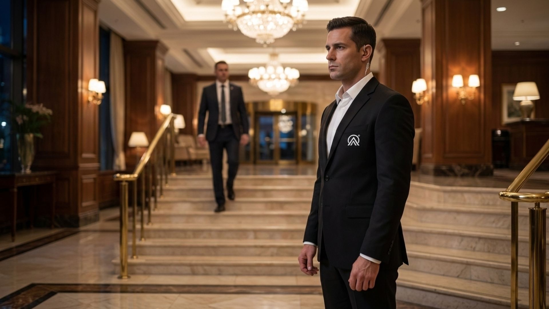 Apex Security Personenschützer steht wachsam in einer eleganten Hotellobby vor einer Treppe, während ein weiterer Anzugträger im Hintergrund die Situation diskret im Blick behält.
