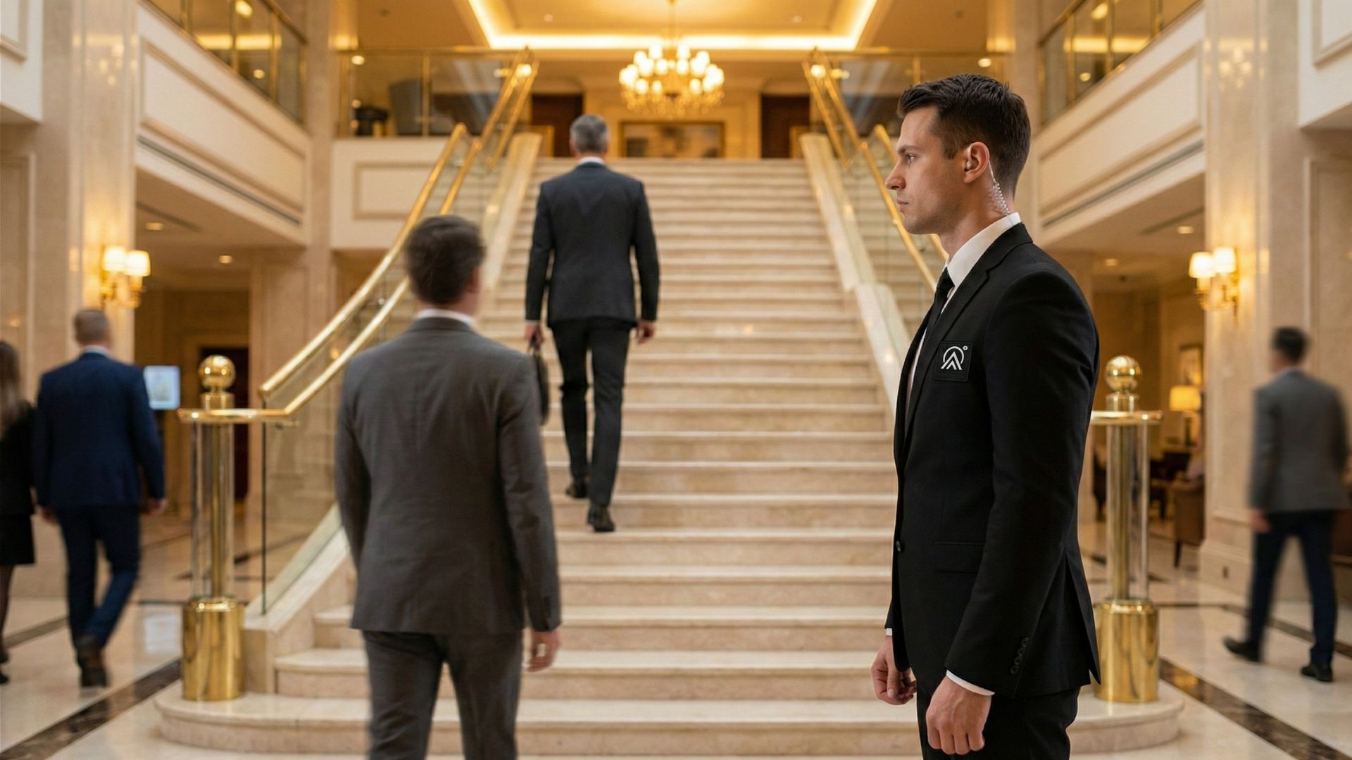 Apex Security Mitarbeiter steht im Foyer eines Luxus­hotels vor einer großen Marmortreppe und überwacht diskret die ein- und ausgehenden Gäste in Anzügen.
