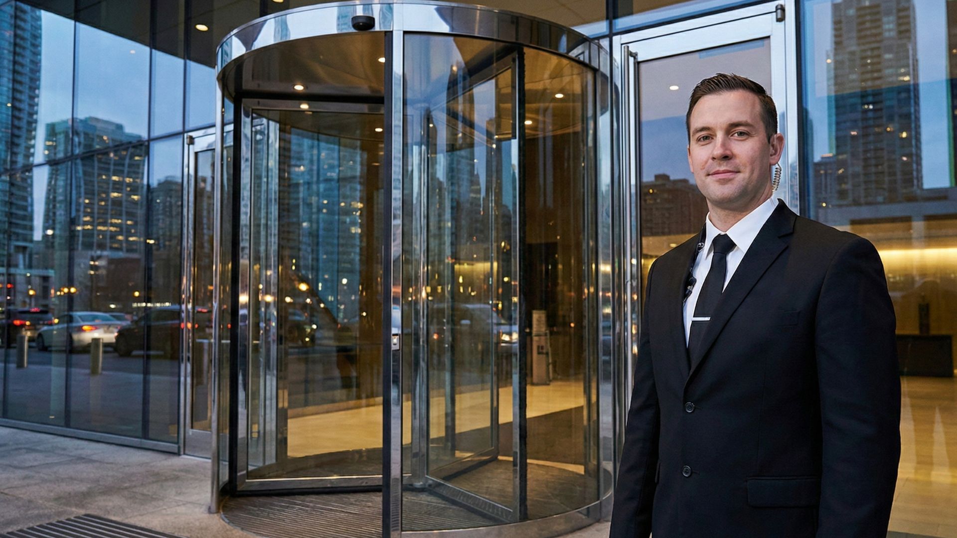 Apex Security Doorman steht im Anzug vor dem Eingang mit Dreh­tür eines modernen Bürohochhauses und begrüßt Besucher.