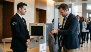 Apex Security Mitarbeiter überwacht eine Taschenkontrolle am Eingang, während ein Besucher seinen Rucksack öffnet und eine Warteschlange im Hintergrund steht.