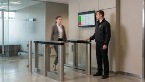 Apex Security Mitarbeiter überwacht eine elektronische Zutrittskontrolle an einem Drehkreuz im Eingangsbereich eines modernen Bürogebäudes.