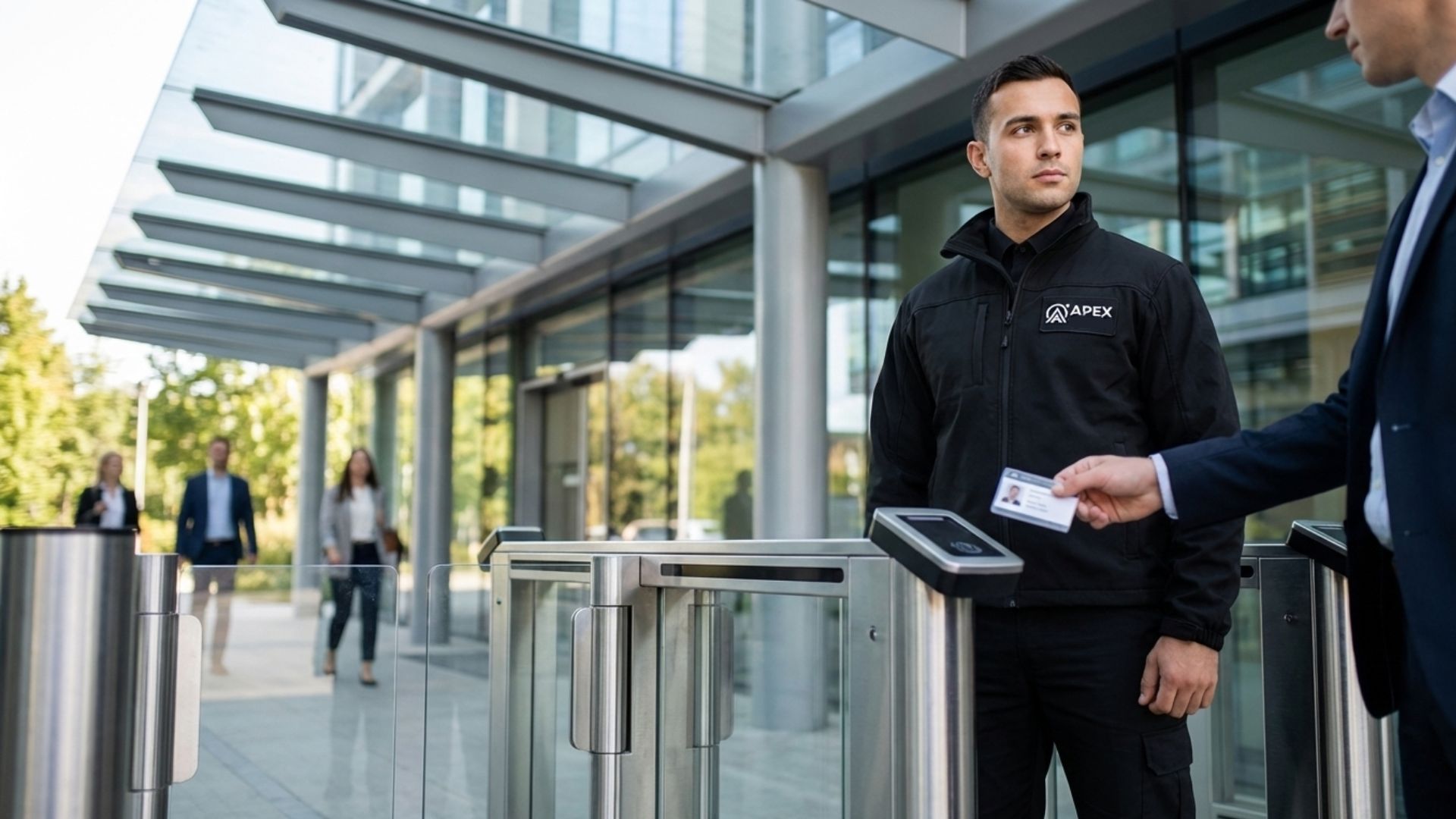 Apex Security Mitarbeiter überwacht eine Taschenkontrolle am Eingang, während ein Besucher seinen Rucksack öffnet und eine Warteschlange im Hintergrund steht.