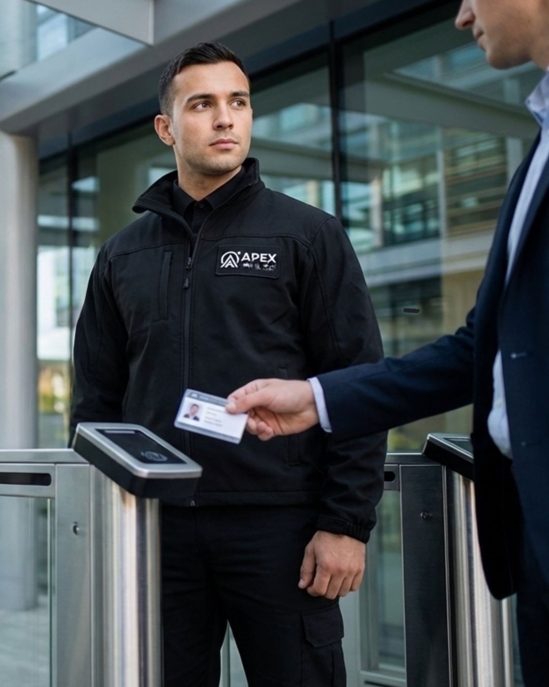 Apex Security Mitarbeiter überwacht eine Taschenkontrolle am Eingang, während ein Besucher seinen Rucksack öffnet und eine Warteschlange im Hintergrund steht.