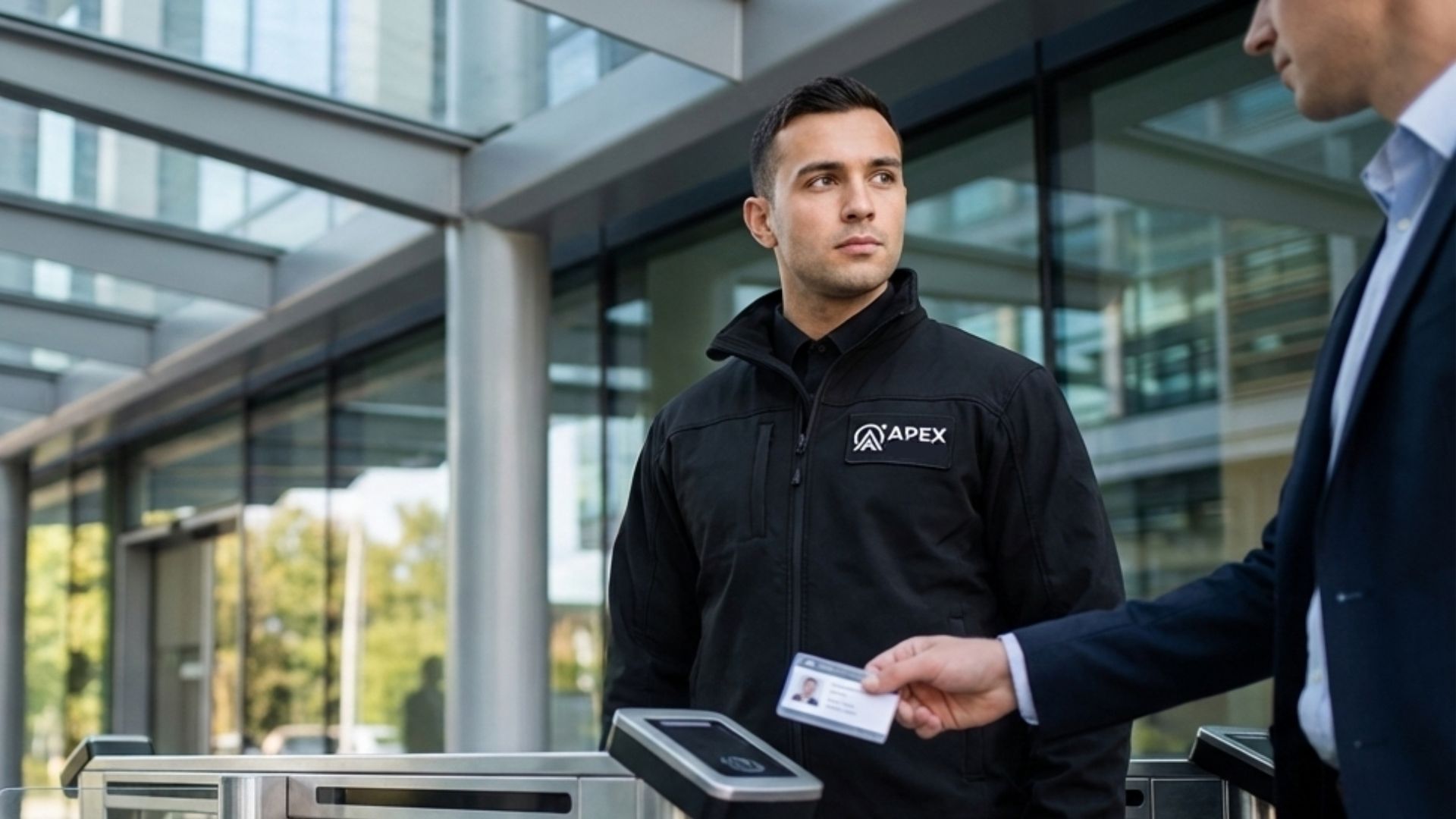 Apex Security Mitarbeiter überwacht den Zutritt vor einem Bürogebäude, während ein Besucher seine Ausweiskarte am Zugangsterminal scannt.