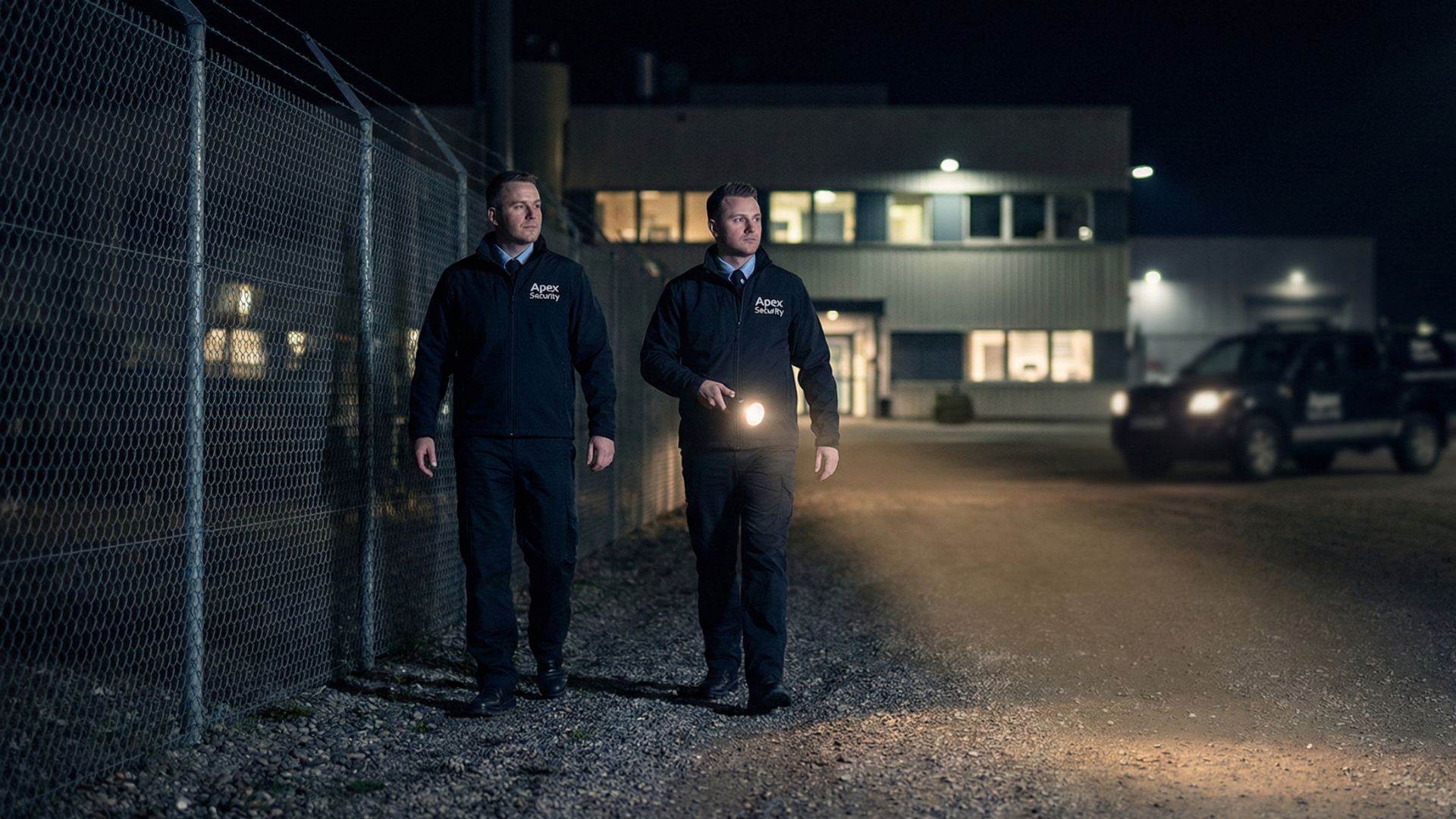Apex Security Mitarbeiter gehen nachts Streife entlang eines Zauns auf einem Industriegelände, einer leuchtet mit Taschenlampe den Boden aus, im Hintergrund ein beleuchtetes Firmengebäude und Einsatzfahrzeug.