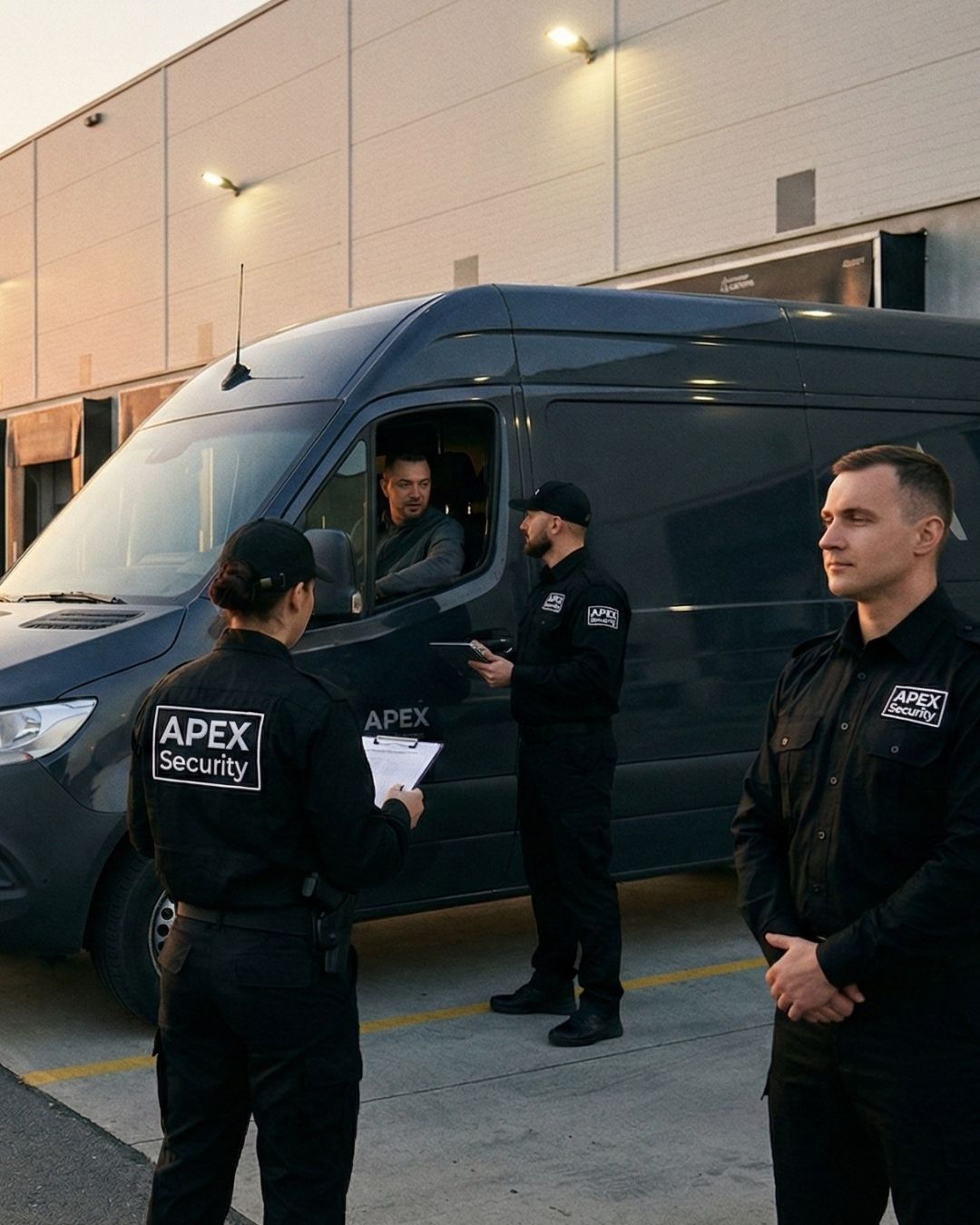 Apex Security Team sichert einen Transporter auf dem Gelände eines Logistikzentrums ab, Sicherheitsmitarbeiter stehen rund um das Fahrzeug und überprüfen gemeinsam mit dem Fahrer die Unterlagen.