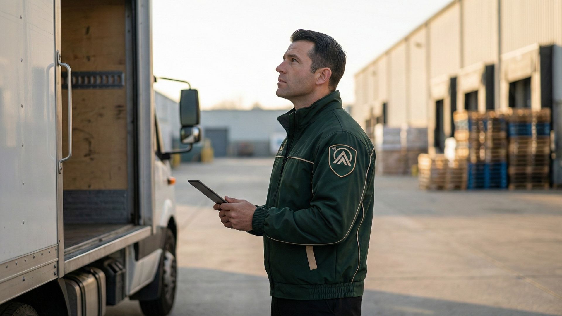 Apex Security Mitarbeiter in grüner Jacke kontrolliert mit einem Tablet einen geöffneten Liefertruck auf dem Hof eines Logistikzentrums.