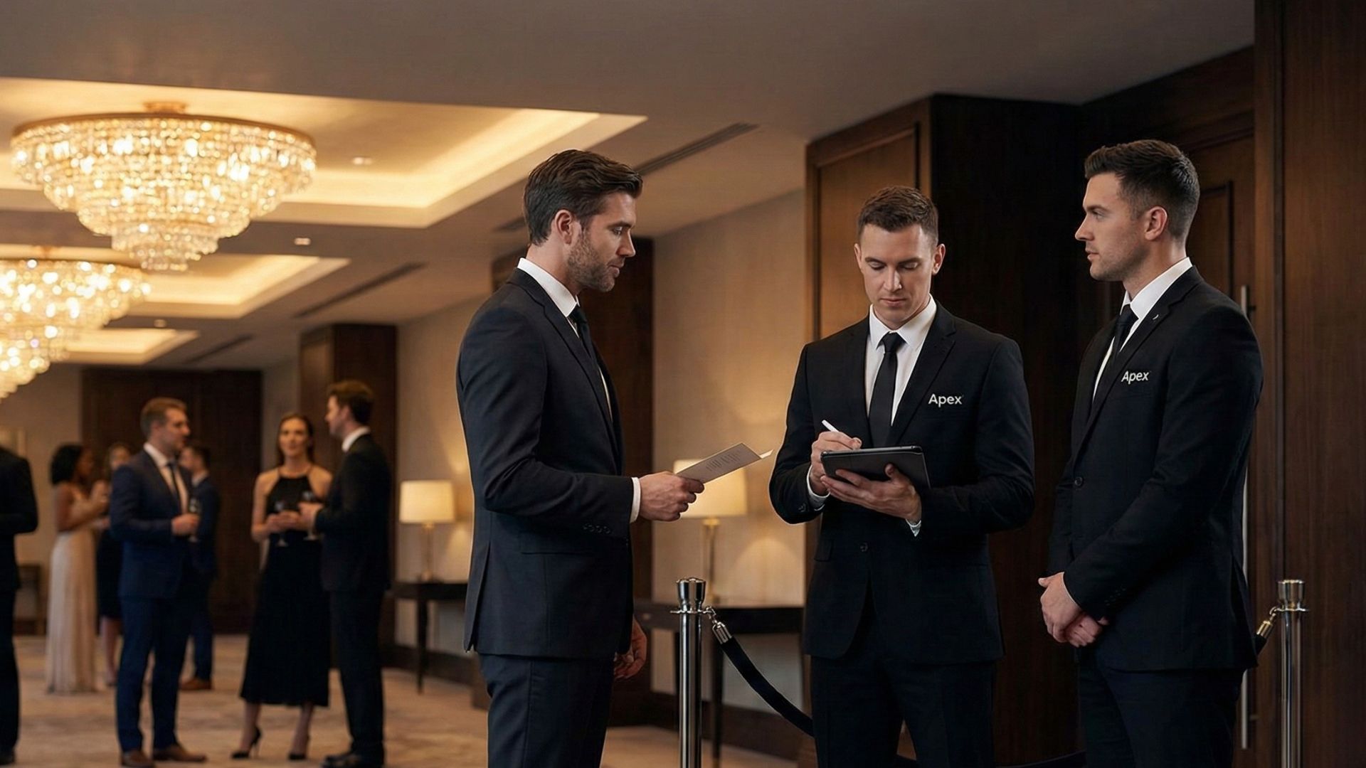 Apex Security Mitarbeiter führen eine Einlasskontrolle bei einer eleganten Veranstaltung durch, prüfen Gästeliste und Tickets im Foyer mit festlich gekleideten Gästen im Hintergrund.